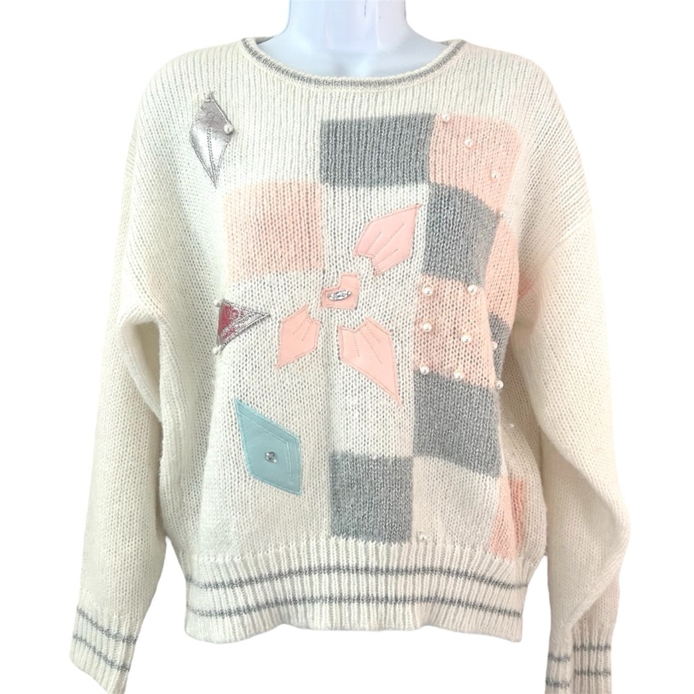 Vintage 80-90s Women's Cream Open Knit Sweater L Pearl Applique Embellishment